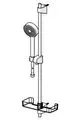 HANSABASICJET Wandstangengarnitur mit Handbrause und verstellbarer Halterung. Aluminiumröhre, Wasseranschluss und Ablagefläche für Duschutensilien.
